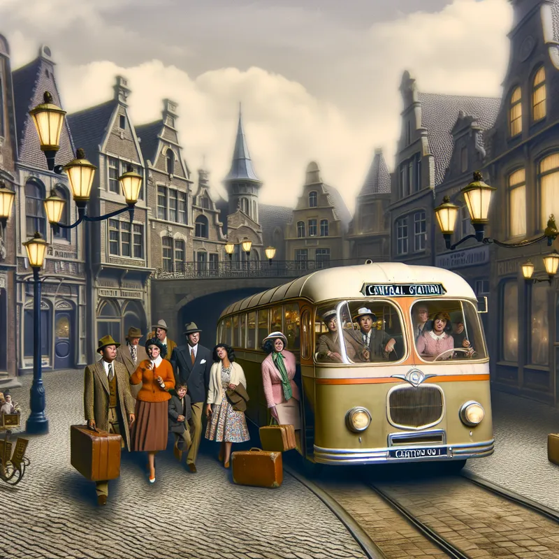 Vintage bus met bestemming Centraal Station in nostalgische stadsscène met reizigers uit de jaren 50