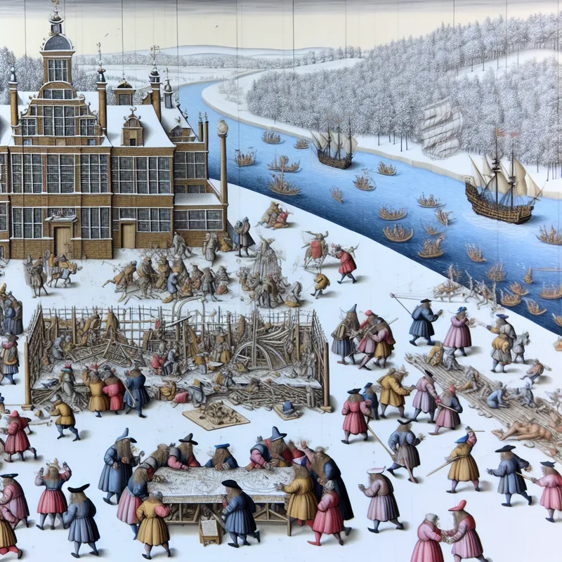 Historische winterse voorstelling van een bestuursperiode met Nederlandse figuren rond een vergadertafel met kaarten en documenten, in de stijl van Hendrick Avercamp