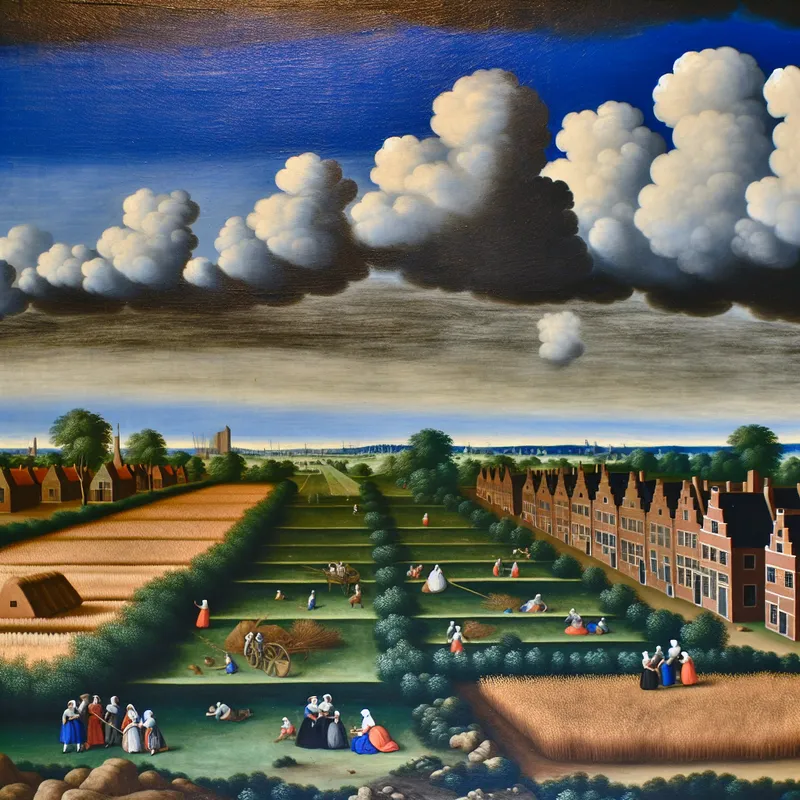 Een levendig gemeenschapslandschap met betaalbare huizen onder een heldere lucht, vol met vrolijke gezinnen die activiteiten ondernemen.