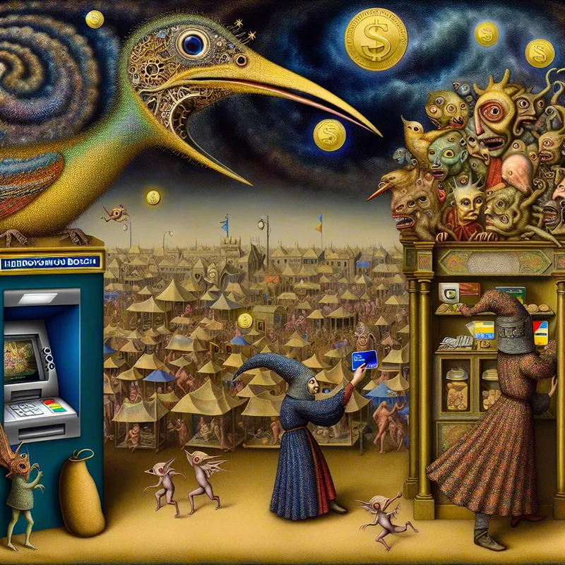Surrealistisch tafereel van een middeleeuwse markt waar een vogelachtige figuur een gloeiende betaalpas gebruikt bij een mechanisch ATM-monster dat gouden munten uitspuugt die in ondeugende kabouters veranderen