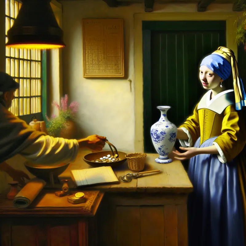 17e-eeuwse Nederlandse vrouw in blauw-gele jurk die een porseleinen vaas ruilt met een winkelier, symboliserend betalen of ruilen in een stille binnenhuisscene
