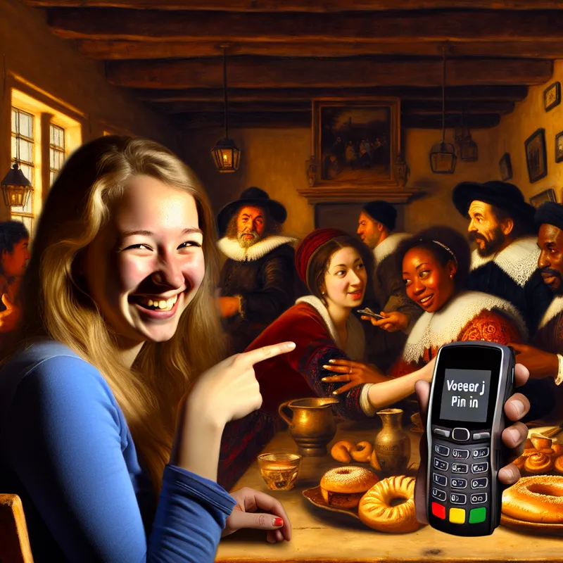 Jonge vrouw in een druk café, lachend terwijl ze een digitaal betaalapparaat toont met 'Voer je pin in' op het scherm.