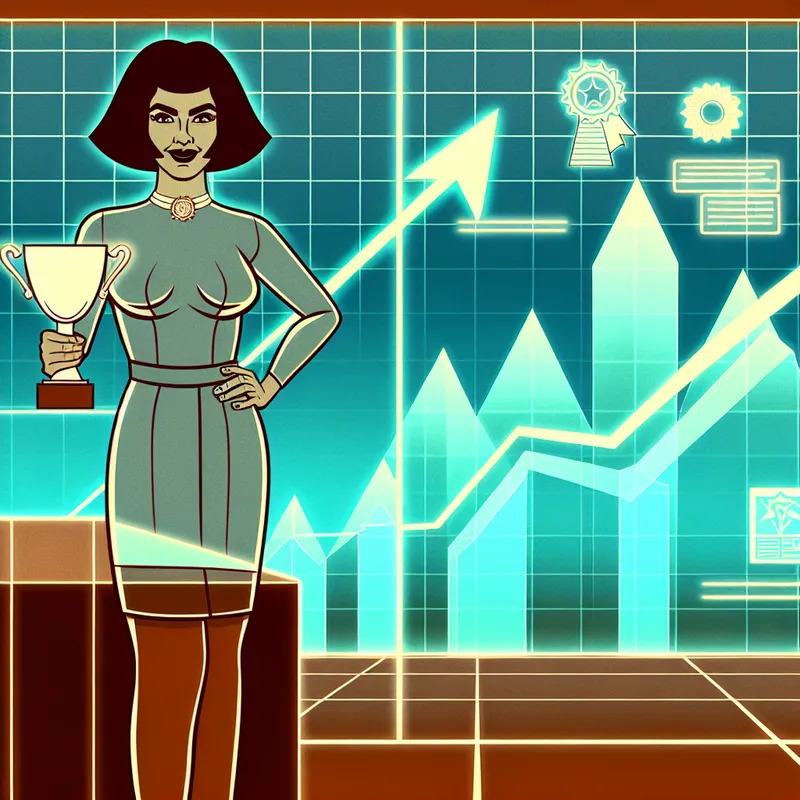 Retro-futuristische illustratie van een zelfverzekerde vrouw op een podium met een gloeiende trofee, omringd door holografische schermen met opwaartse grafieken en positieve feedback, ter illustratie van het woord 'aantonen'
