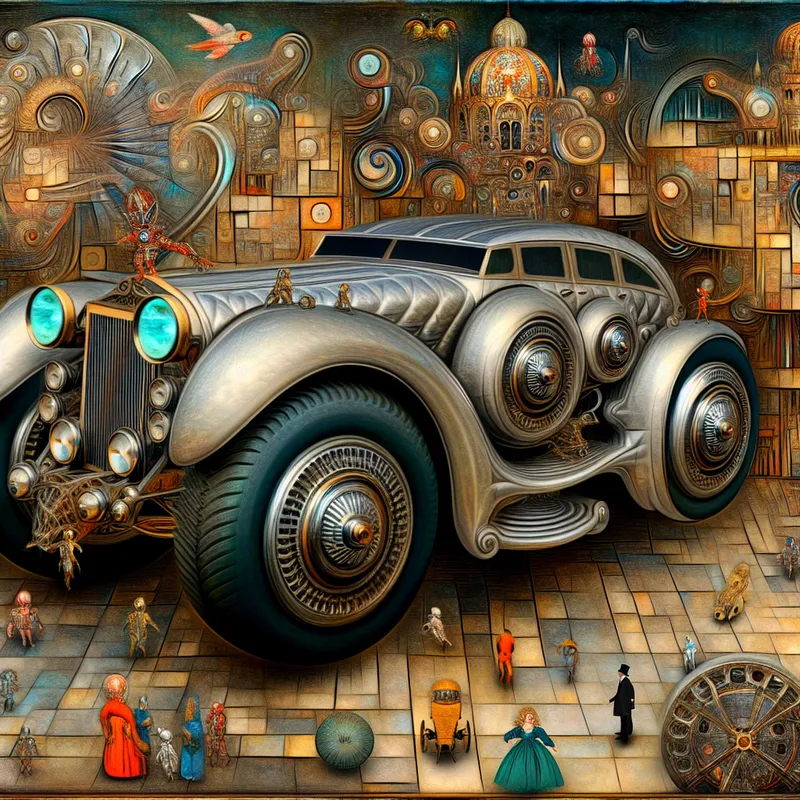 Surrealistische fantasieauto in de stijl van Hieronymus Bosch, een opvallende hybride met glanzende metalen schubben en ingewikkelde details, omringd door kleine figuurtjes in een droomachtige stad