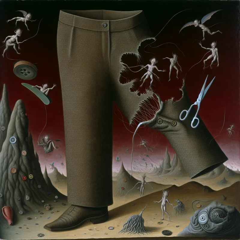 Surrealistische illustratie van een gescheurde broekspijp met levendige stoftextuur en bizarre wezentjes die uit de scheur kruipen, in de stijl van Hieronymus Bosch