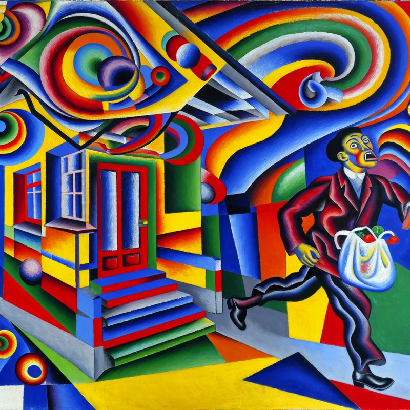 Abstracte voorstelling van een persoon die haastig een kleurrijk huis verlaat met een boodschappentas, in de expressieve stijl van Karel Appel, met dynamische beweging en felle kleuren