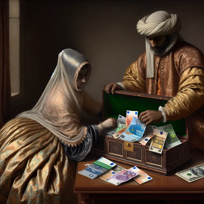 Twee elegante figuren in een 17e-eeuws Hollands interieur met een houten kistje vol buitenlands geld, zoals dollars, euro's en yen, ter illustratie van het informele woord 'geld'