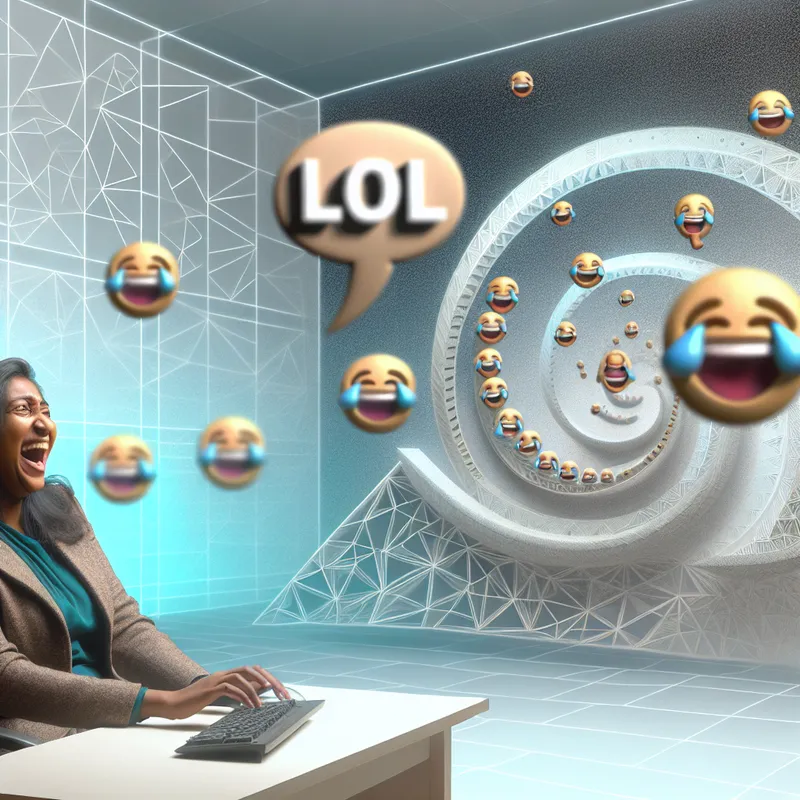 Surrealistisch tafereel geïnspireerd op M.C. Escher van een persoon die hard lacht achter een bureau in een chatomgeving, met oneindige trappen en geometrische patronen die 'lol' uitbeelden