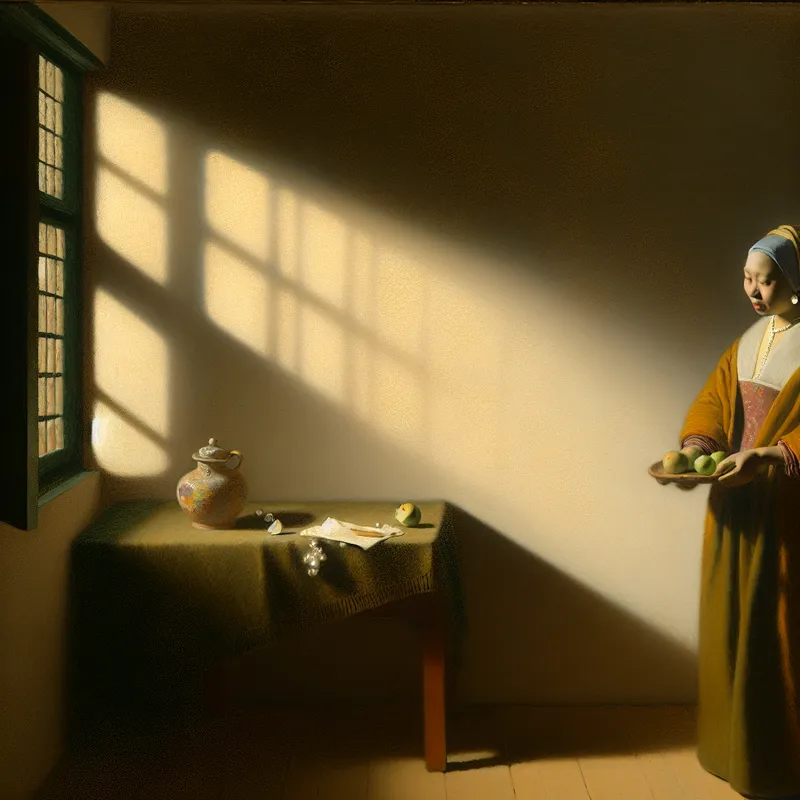 Jonge vrouw in Vermeer-stijl houdt een paar voorwerpen vast bij zacht licht, symboliserend een kleine onbepaalde hoeveelheid