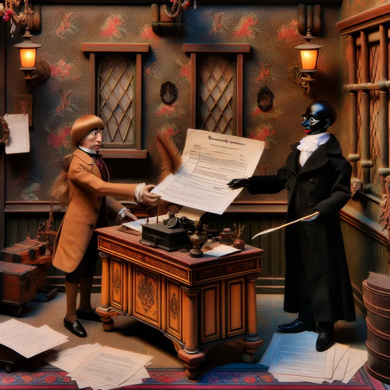 Illustratie van een formeel kantoorgebeuren waar een aanvragende persoon een document overhandigt aan een teamleider die met een ganzenveer wijst naar een specifiek onderdeel van het formulier, in een nostalgische stijl