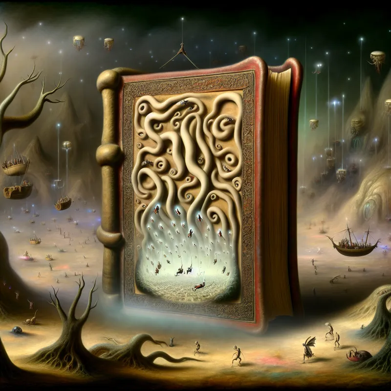 Surrealistisch tafereel in de stijl van Hieronymus Bosch van de achterkant van een oud boek met gedetailleerde, magische rug en kleine fantasiewezens