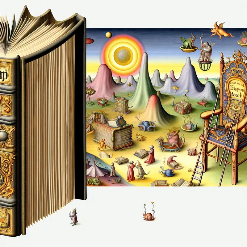 Surrealistisch tafereel van een zwevende boekrug als reusachtige structuur met klimmende wezentjes en gouden letters in een droomachtige bibliotheek