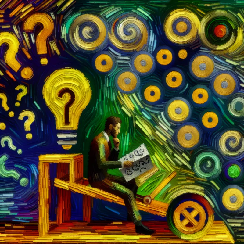 Persoon aan tafel met verwarde blik bekijkt abstracte tekst met vraagtekens en pijlen, omringd door gedachtenbubbels met mogelijke interpretaties in Van Gogh-stijl