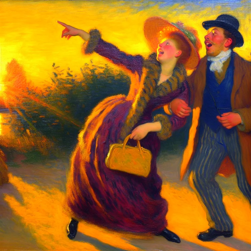 Twee vrienden bewonderen een elegante handtas tijdens een gouden zonsondergang, waarbij de een verlangend wijst naar 'zo'n tas'