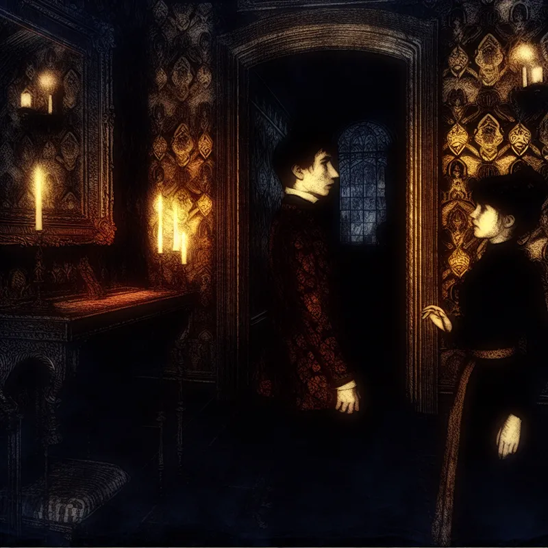 Twee mensen wisselen een intense, betekenisvolle blik uit in een donkere, gotische gang met kaarslicht en schaduwen