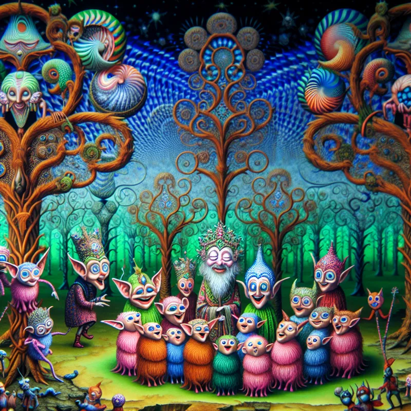 Een betoverend bos met schattige wezens rond een moeder aarde spirit, in speelse en beschermende interactie.