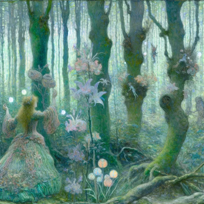 Een jonge meid in een betoverend bos, omringd door mythische wezens zoals feeën en zachte dieren, met een etherische lichten door de bladeren.