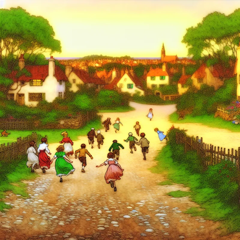 Een betoverend pad dat van een pittoresk dorp naar een speelse speeltuin leidt, met blije kinderen die enthousiast langs het pad rennen.
