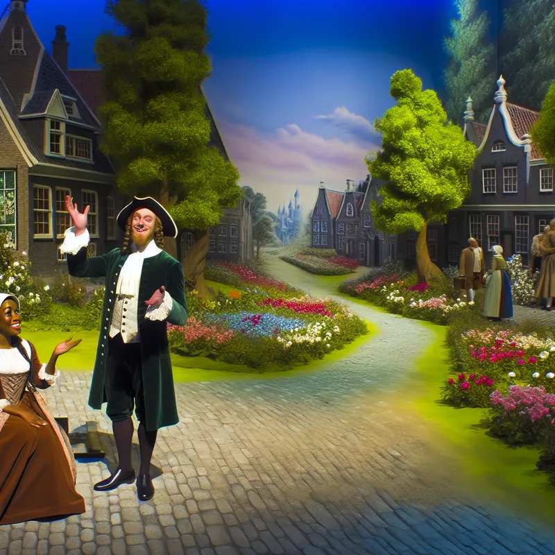 Een man en een vrouw staan op een cobblestone pad in een betoverend dorp met kleurrijke bloemen en een nostalgische sfeer.