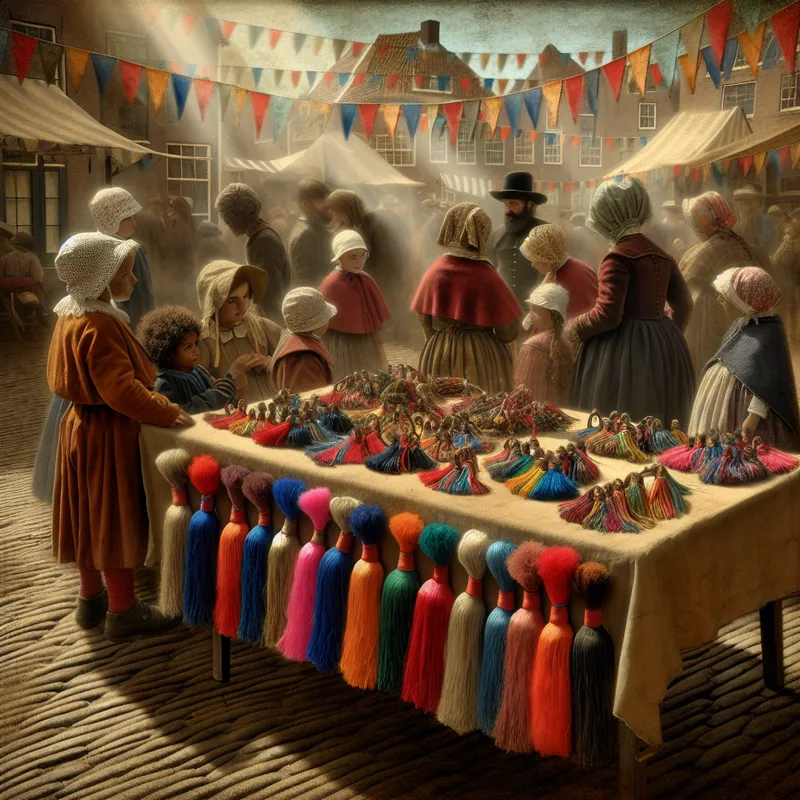 Een kleurrijke verzameling flosjes op een rustiek houten tafel in een levendige marktscène met kinderen en vrolijke dorpsbewoners die nieuwsgierig kijken.