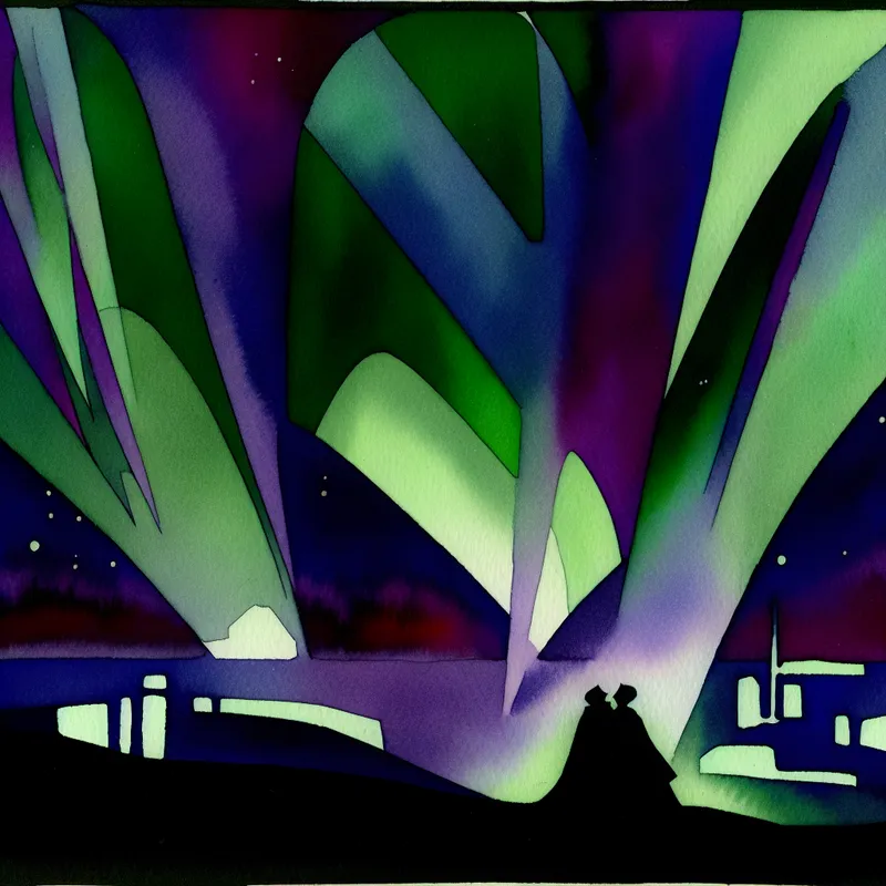 Retro-futuristische illustratie van het noorderlicht met geometrische patronen in groen, paars en blauw boven een betoverend landschap met silhouetten van mensen