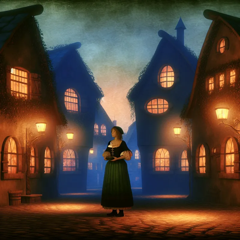 Een eenzame figuur in oude kleding staat in een betoverende straat bij schemering, omringd door gloeiende straatlantaarns en pittoreske huizen, geïnspireerd door Anton Pieck.