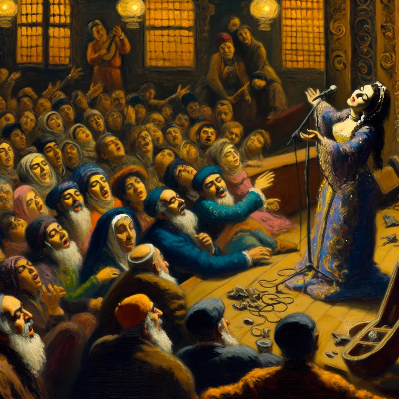 Vrouwelijke zangeres zingt op het podium met publiek dat geraakt is door haar muziek in een stijl zoals Frans Hals