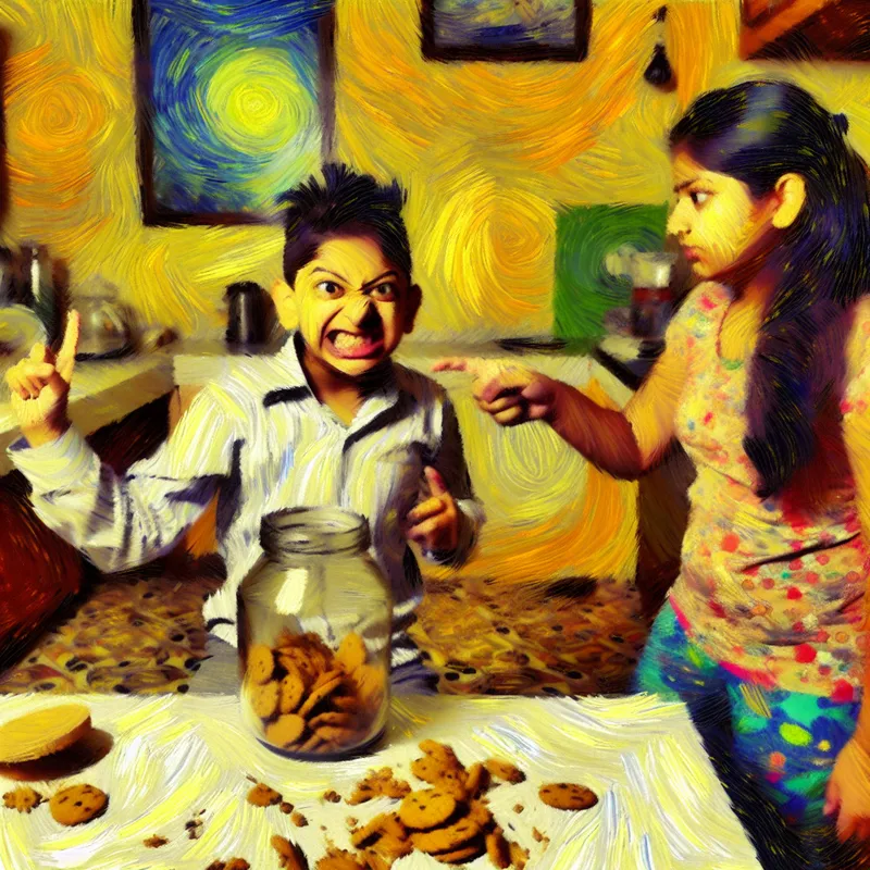 Jongen betrapt terwijl hij stiekem koekjes pakt uit een pot in een warme keuken, geschilderd in Van Gogh-stijl met levendige kleuren en dikke penseelstreken