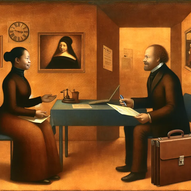 Illustratie van een professioneel sollicitatiegesprek met een betrouwbare kandidaat en aandachtige interviewer in warme, aardse kleuren