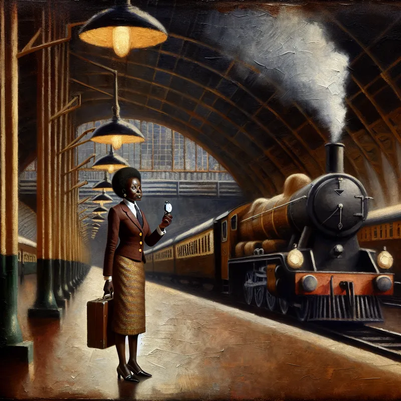 Vrouw controleert zakhorloge op perron met punctuele trein op de achtergrond, symboliserend betrouwbaarheid en stiptheid in Rembrandt-stijl