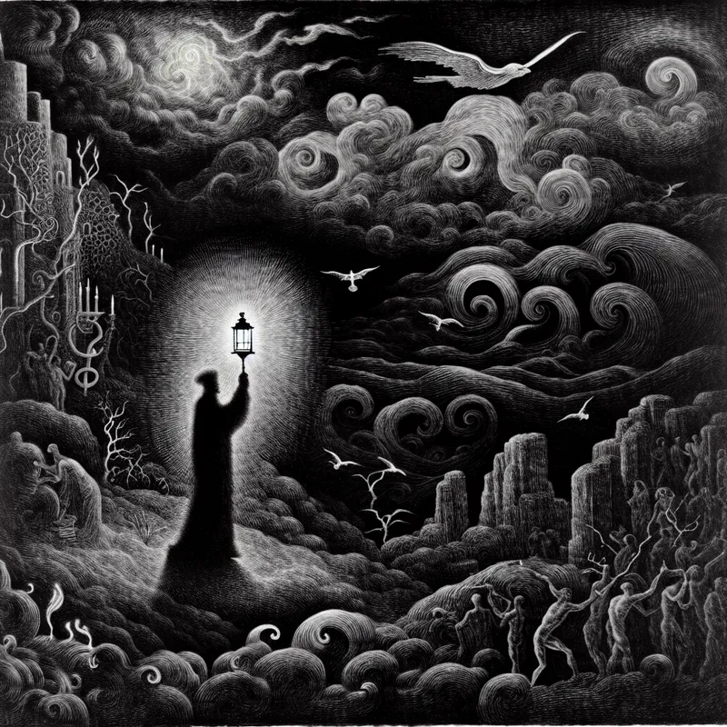 Symbolische figuur met lantaarn in stormachtig landschap, staat voor betrouwbaarheid en standvastigheid in een veranderlijke wereld