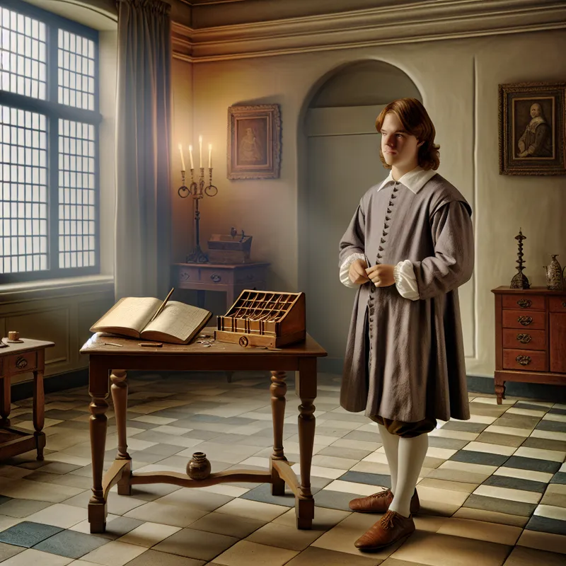 Jonge man in 17e-eeuwse kleding telt zorgvuldig munten aan een tafel in een rustig interieur met zacht licht, symboliserend betrouwbaarheid en verantwoordelijkheid