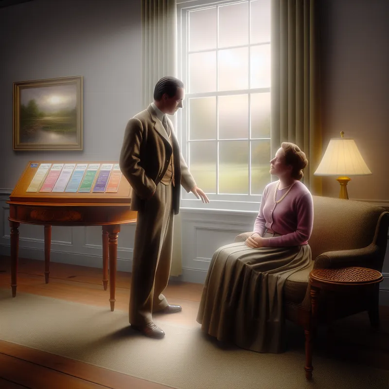 Een man troost een vrouw in een serene interieursetting, wat vertrouwen en betrouwbaarheid uitstraalt.