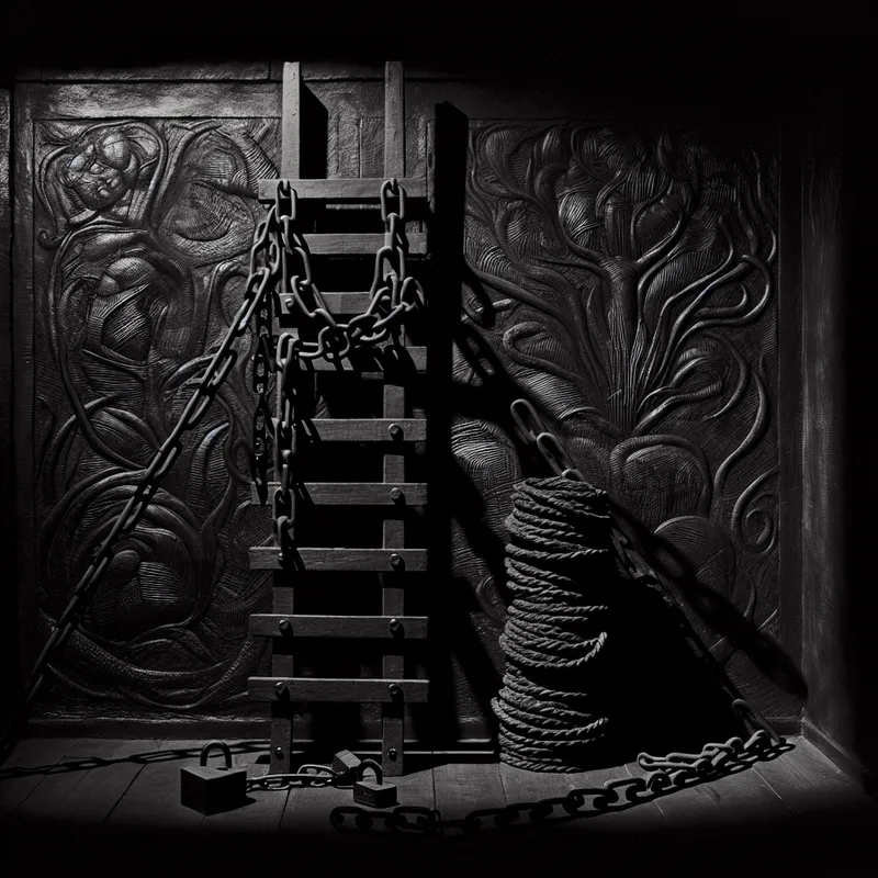 Een stevige ladder leunt tegen een schaduwachtige muur, beveiligd met kettingen en sloten, omgeven door mysterieuze voorwerpen.