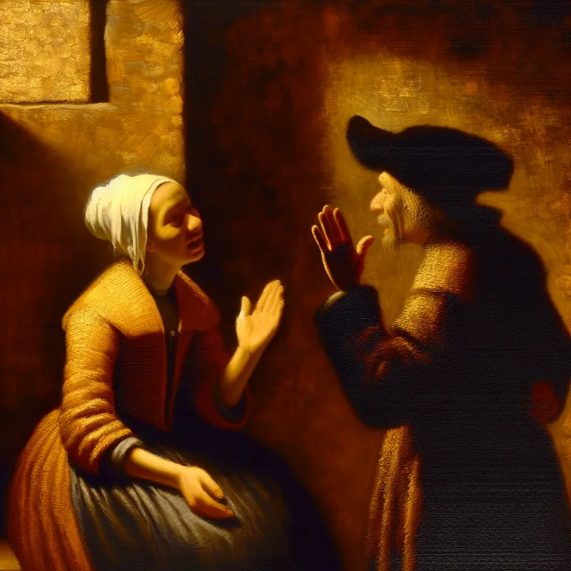 Twee personen in een 17e-eeuws Hollands interieur bevestigen elkaar met de uitspraak 'inderdaad', verlicht door dramatisch clair-obscur in Rembrandt-stijl