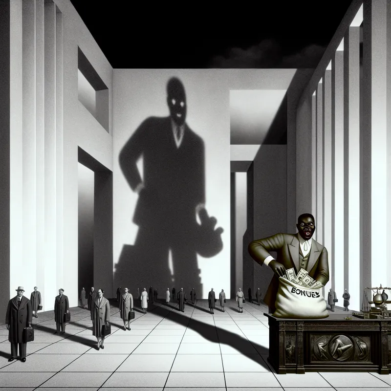 Hyperrealistisch surrealistisch kantoorinterieur met een manager die geld uit een zak met bonussen haalt, symboliserend voor bevoordelen en ongelijkheid op de werkvloer
