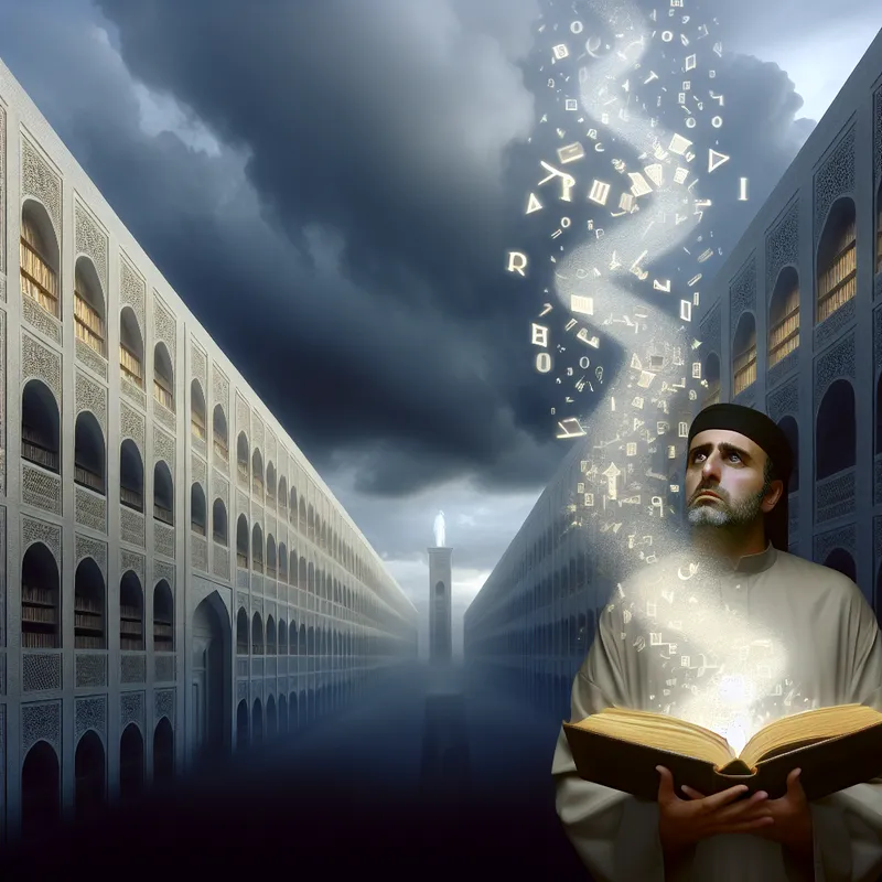 Hyperrealistisch surrealistisch tafereel van een man die zijn honger naar kennis bevredigt in een monumentale bibliotheek met gloeiend boek en zwevende symbolen