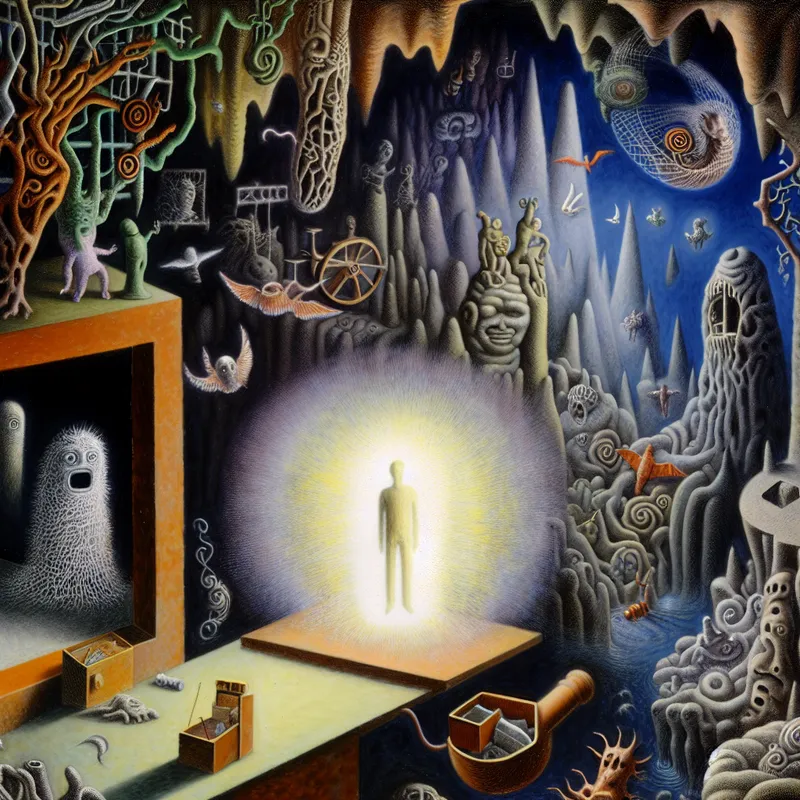 Surrealistisch tafereel in de stijl van Hieronymus Bosch van een persoon die zich bevrijd voelt, omringd door krimpende monsterlijke lasten in een chaotische kamer die langzaam opklaart