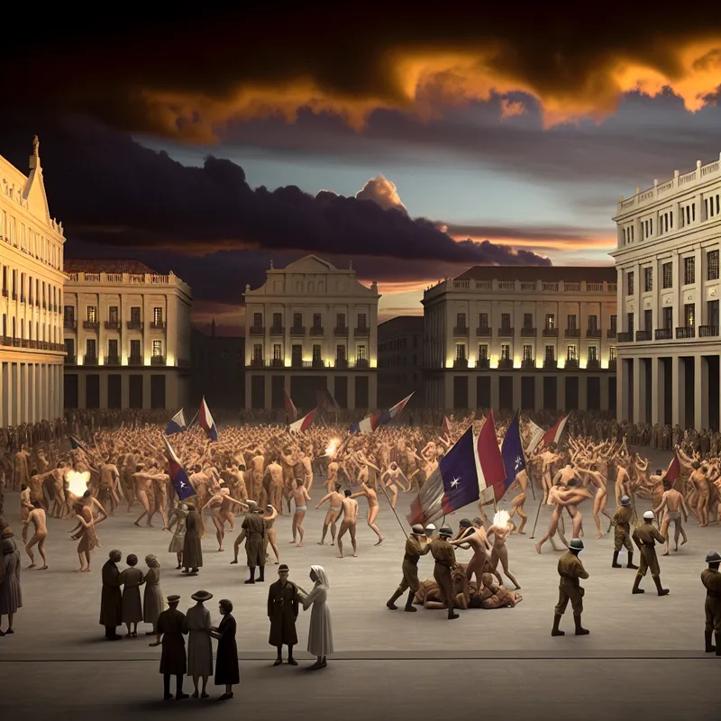 Hyperrealistisch en surrealistisch tafereel van een bevrijdingsviering in een Europese stad bij schemering, met juichende mensen, soldaten en vlaggen