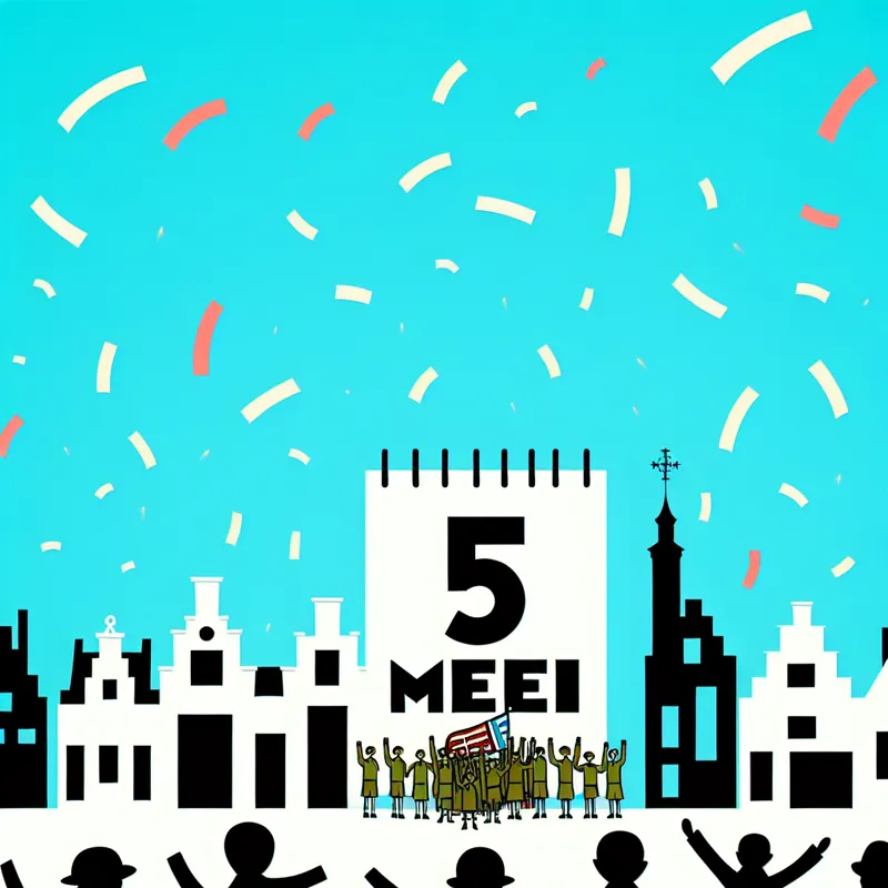 Minimalistische illustratie van een vrolijke menigte die Bevrijdingsdag viert op 5 mei 1945 in een stadplein met vuurwerk en confetti