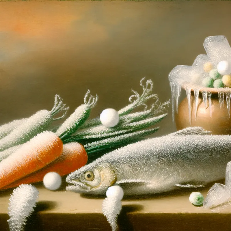 Bevroren vis en groenten op een houten tafel, glanzend van de frost.