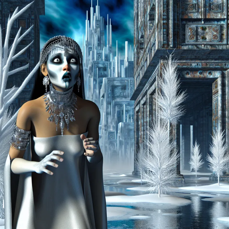 Een vrouw staand in een surrealistisch landschap, bevroren in schrik met breed opengesperde ogen.