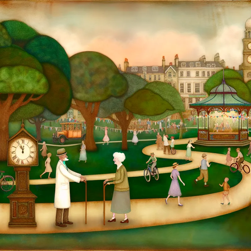 Vrolijke stadspark-scène in vintage stijl met mensen van alle leeftijden die bewegen voor een betere gezondheid, waaronder wandelen, joggen en fietsen onder begeleiding van een arts