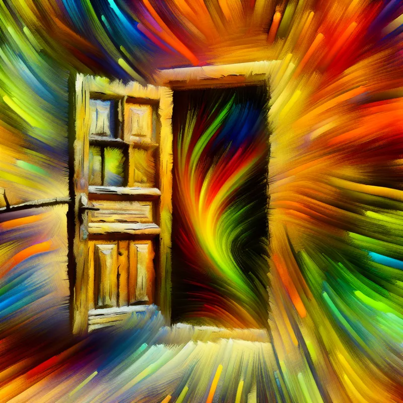 Abstracte weergave van een oude houten deur die wordt geopend met dynamische penseelstreken