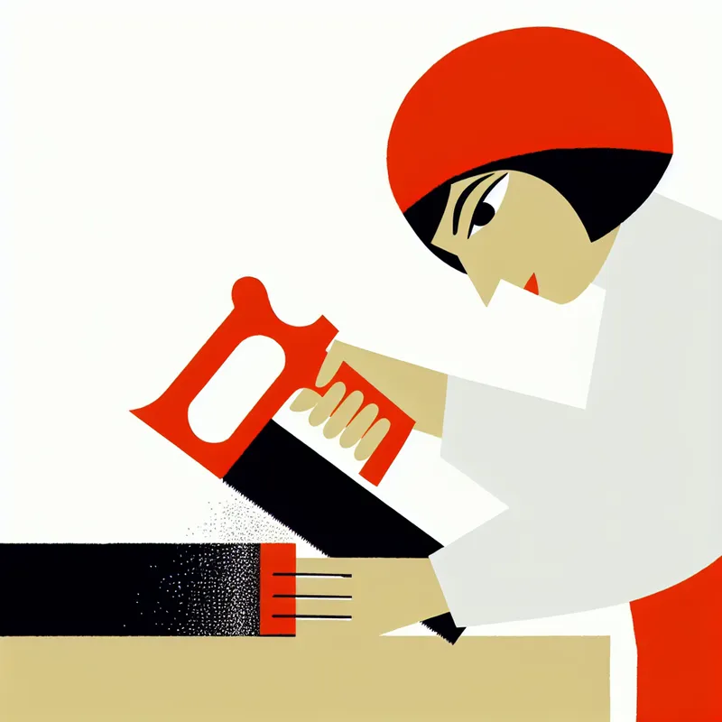 Minimalistische illustratie van een bewerker die zorgvuldig een houten plank zaagt met een rode handzaag, in de stijl van Dick Bruna
