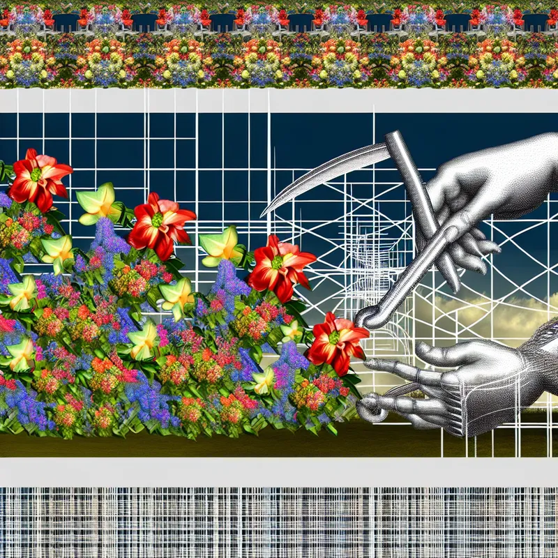Surrealistische tuin in Escher-stijl met bloemen die overgaan in verzorgende handen, symbool voor groene vingers en bewijs van vaardigheid