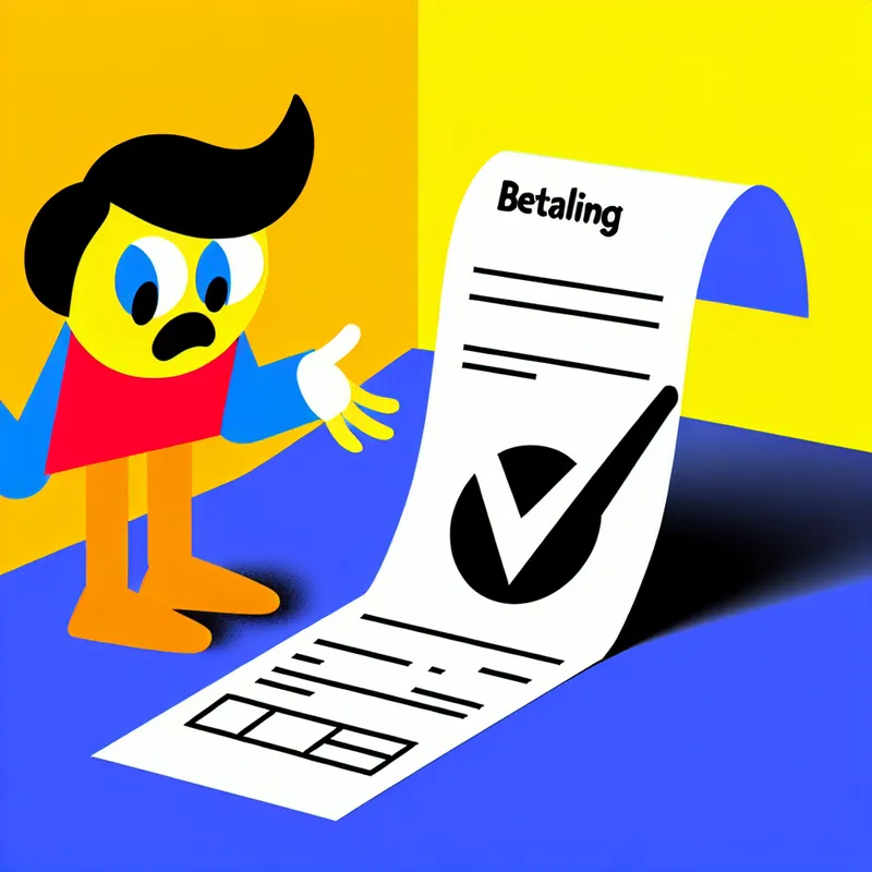 Minimalistische illustratie van een betalingsbewijs met een cartoonachtig personage dat een bankafschrift bekijkt.