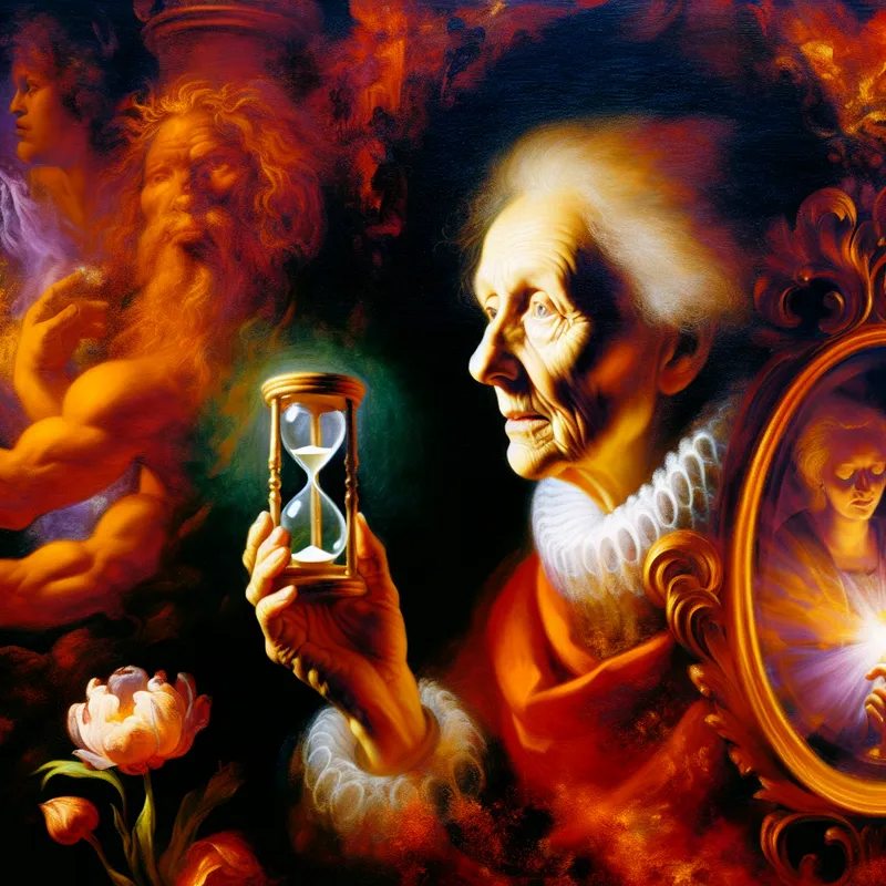 Barokschilderij van een vrouw die in een spiegel kijkt met een zandloper en verwelkte bloem, symboliserend bewustzijn van tijd en sterfelijkheid