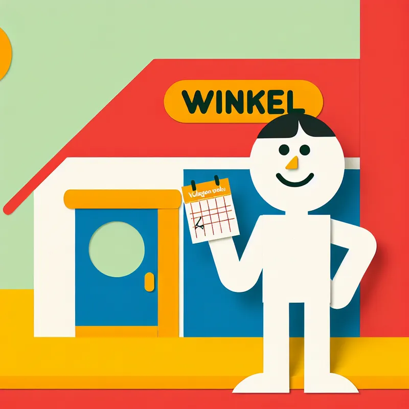 Vrolijke eenvoudige figuur voor een kleurrijke winkel met bord 'Winkel', houdt een kalender vast met de datum 'volgende week' gemarkeerd