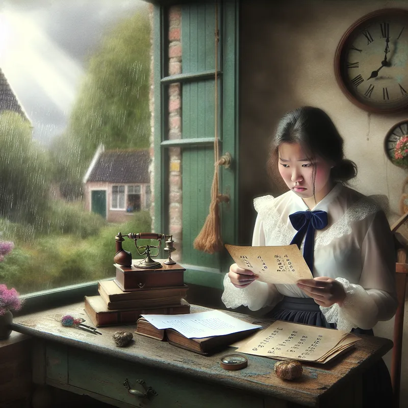 Een jong meisje met een bezorgde blik zit aan een houten bureau vol boeken, kijkend naar een paper met cijfers op een regenachtige middag.